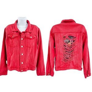 Roadtrip Distressed Cropped Denim Jean Graphic Red Ripped Jacket Coat Retro